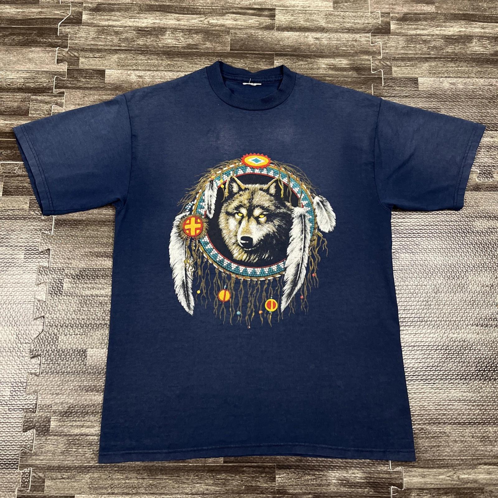 

Vintage 90s Native American Wolf Graphic Tshirt Blue Large VTG Wildlife Unisex XL