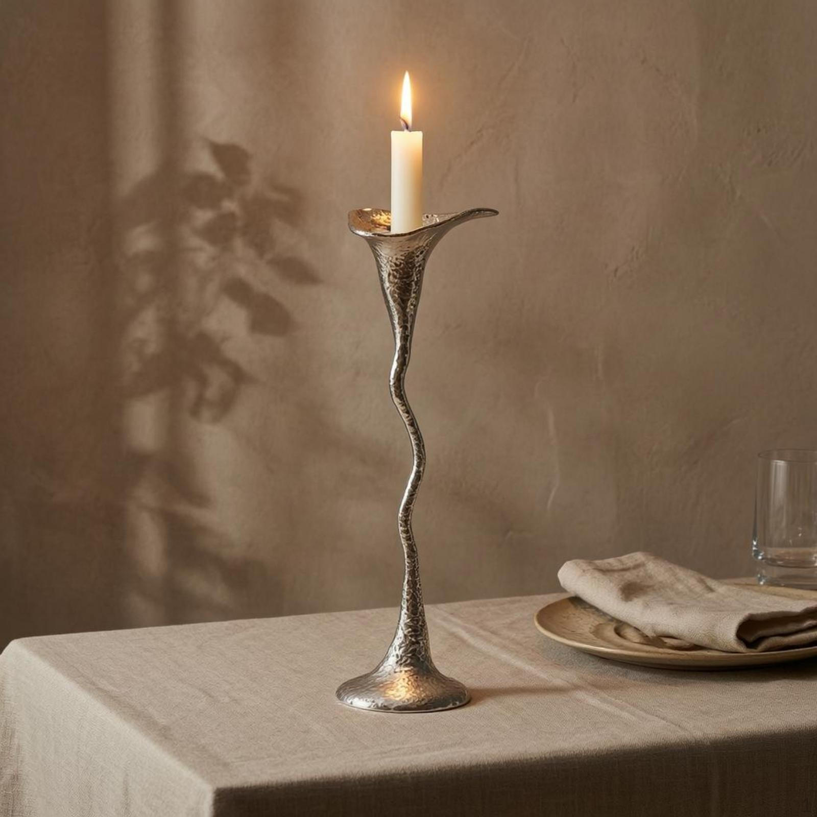 Geometric Metal Candle Holder Modern Spiraled rod Candlestick Sculptural Trumpet for