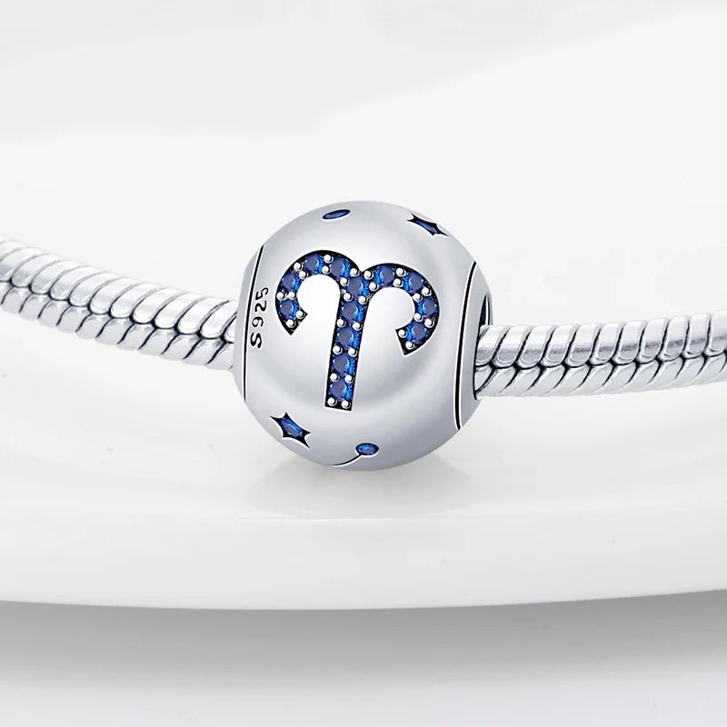 Copper Metal Blue Zircon 12 Constellation Charm Bead Components Bead Component Compatible With Authentic Original Bracelets High Quality Fine Do It