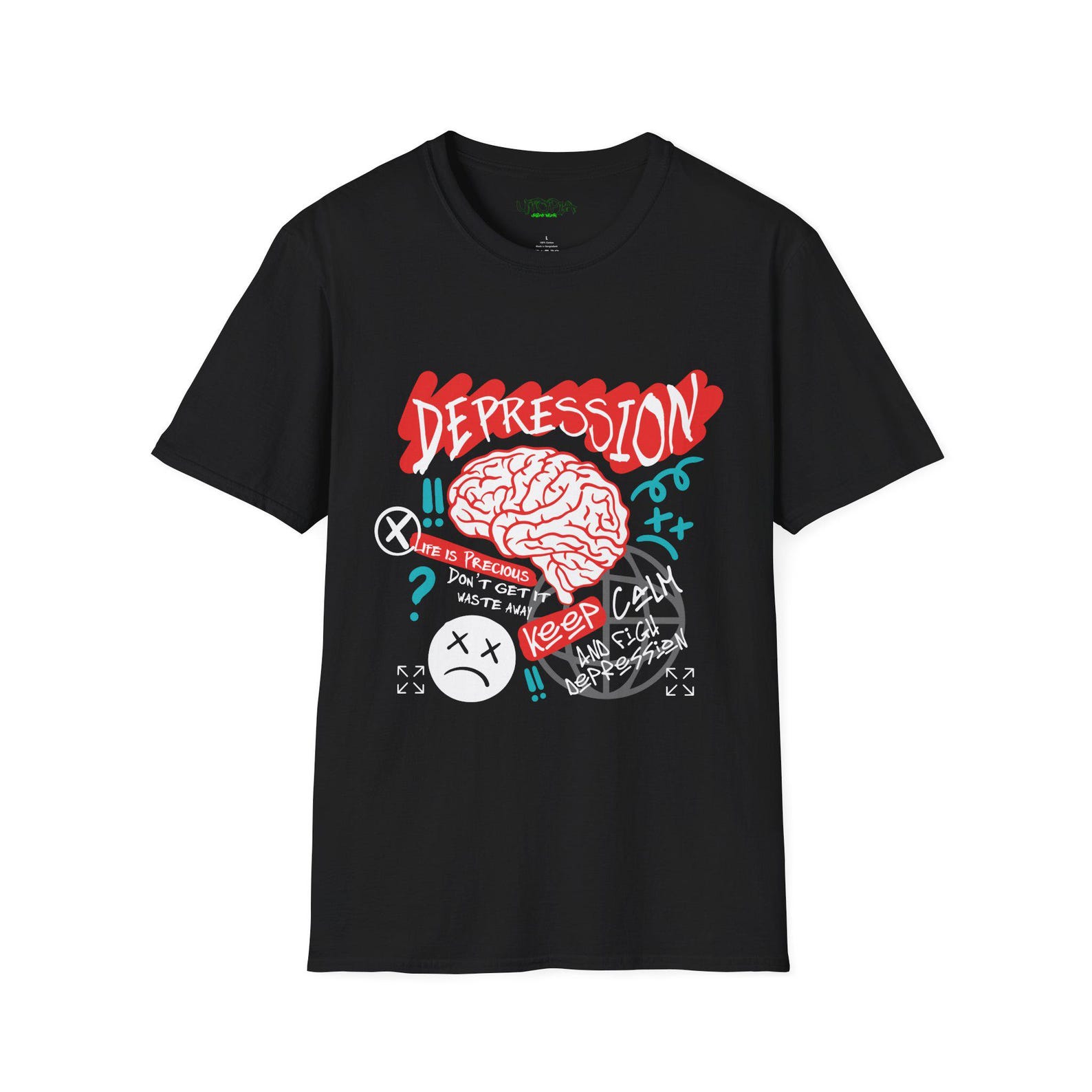 Utopia Urban Wear Depression Brain Illustration T-Shirt | Mental Health Awareness, Graphic Tee S