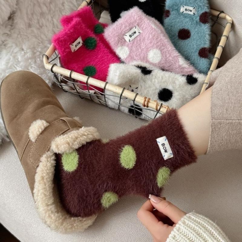 Women'S Winter Polka Dot Socks Mid Tube Cute Mink Velvet Sock Thickened Warm Sleeping Stockings