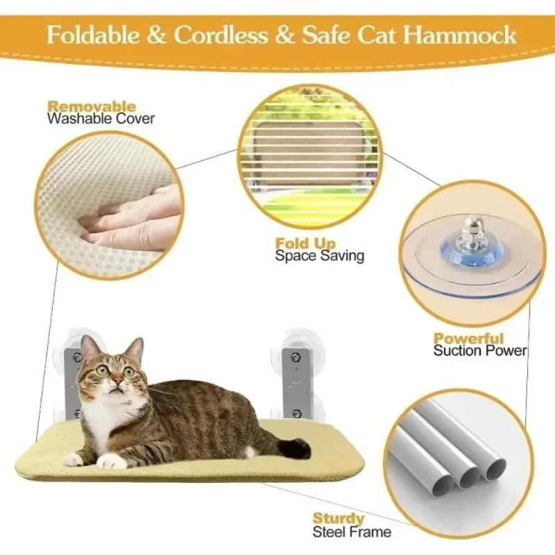 Foldable Cat Window Perch Cordless Cat Hammock Strong Suction Cups Breathable Scratch Resistant Cat Bed Sturdy Steel Frame