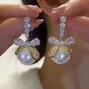 Premium super flash zircon bow New Year's versatile pearl silver needle earrings versatile atmospheric ear jewelry