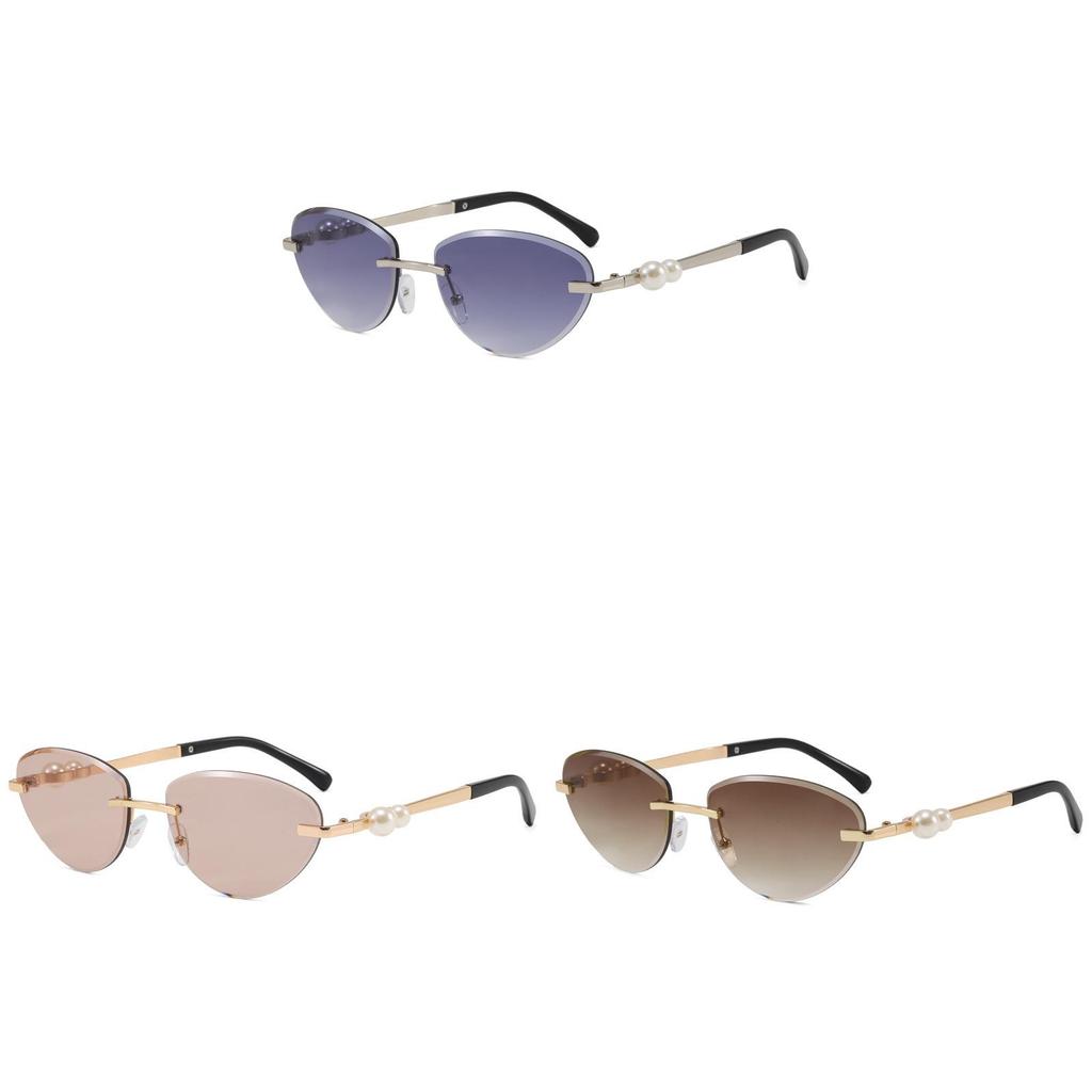 Pearl Metal Frameless Cat Eye Sunglasses With Uv400 Protection For Fashion Outdoor Travel