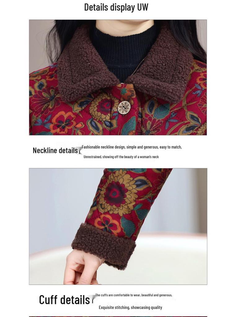 Damen Baumwollmantel mittlerer Länge mit Blumenmuster und Fleecefutter - Winterverdickter Stil für Mittelalte und Ältere