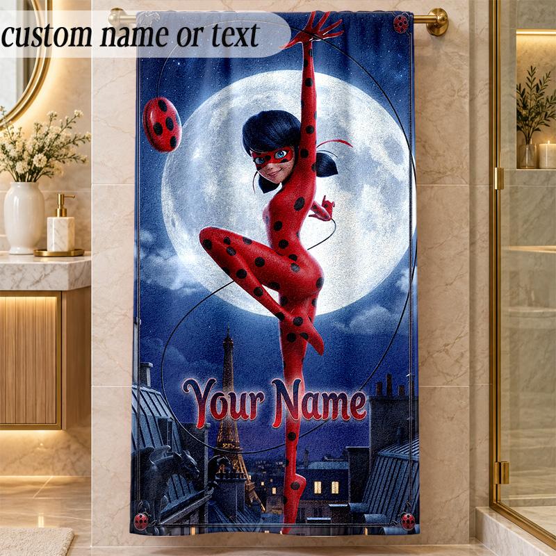 Beach TowelMiraculous Ladybug Custom Name Text Personalized Soft Towel for Beach Pool Indoor Home Decor Gift