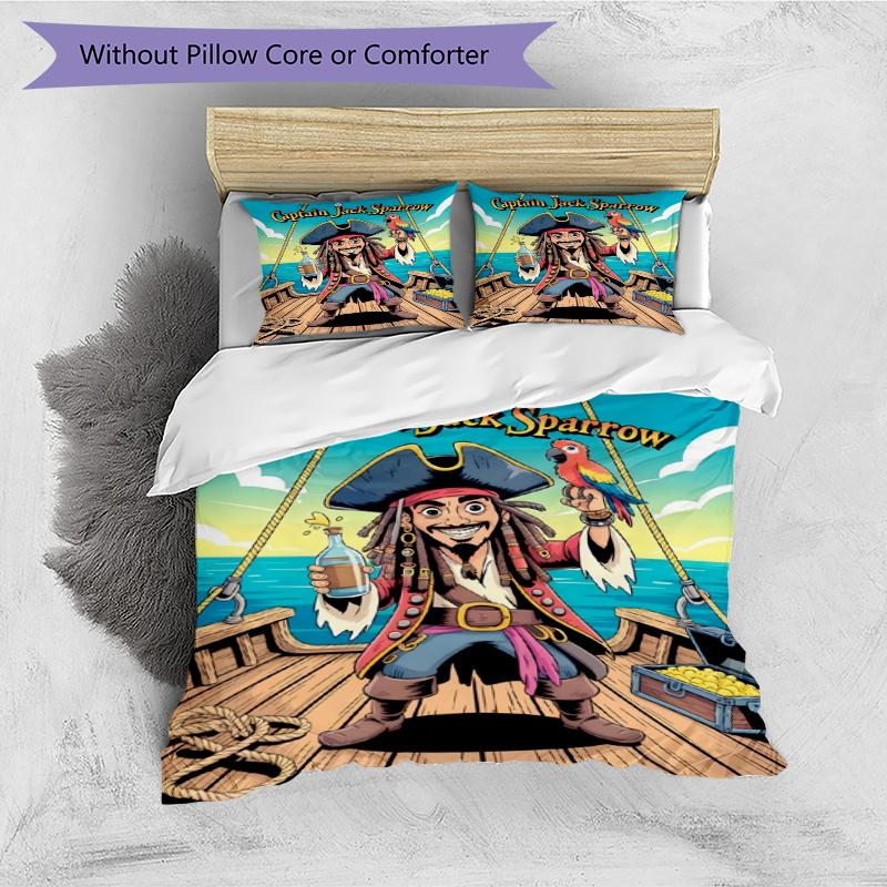 3pcs Duvet Cover Set (1*Duvet Cover + 2*Pillowcase, Without Core), Captain Jack Sparrow Print Bedding Set, Bedroom Decor, All‑Season, Gift