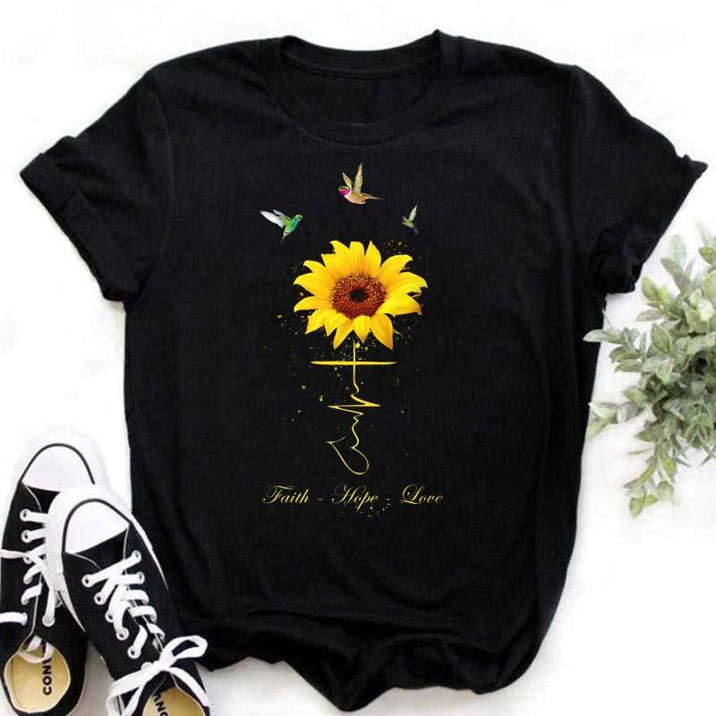 Bavlna 100% Pohodlné Ležérní Dámské Černé Tílko Dámské Tričko Ležérní Tisk Slunečnic a Motýlů Oversized Tričko Topy