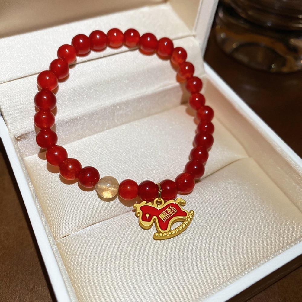 New Red Beads Lucky Horse Bracelet Good Luck Charm Elegant Design Beaded Bracelet Stretchy New Year Bracelet Women Jewelry