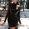 Turtleneck Long Sleeve Hip Wrap Pleated Bodycon Dress Autumn Faux Leather High