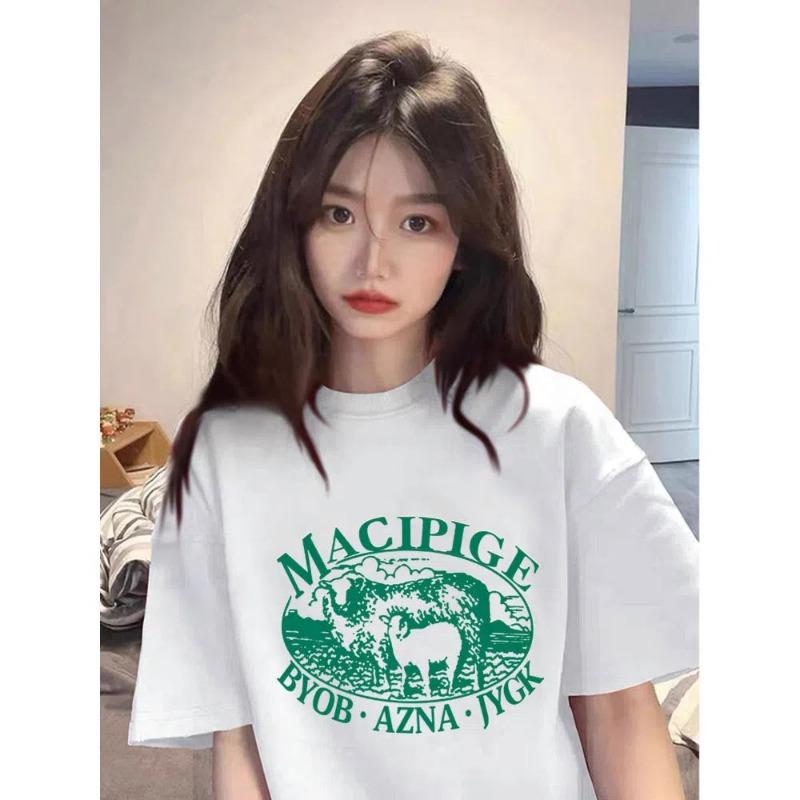 Vintage Print Letter Youth Pullovers Top Women Clothing Summer Short Sleeve Loose Casual T Shirts Fashion Korean Women Clothing S