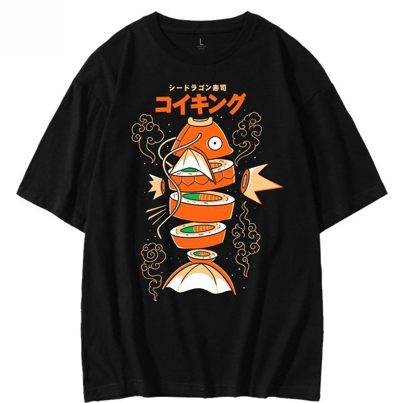 Japanese Style Pokemon King Carp Magikarp Sushi Sashimi Short Sleeved Pure Cotton T-shirt Loose Men's and Women's Summer Tops