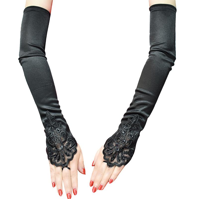 Damen Satin Haken Finger Lange Fingerlose Handschuhe Retro Stil Oper Abendkleid Zubehör Etikette Hohe Elastizität Hochzeit