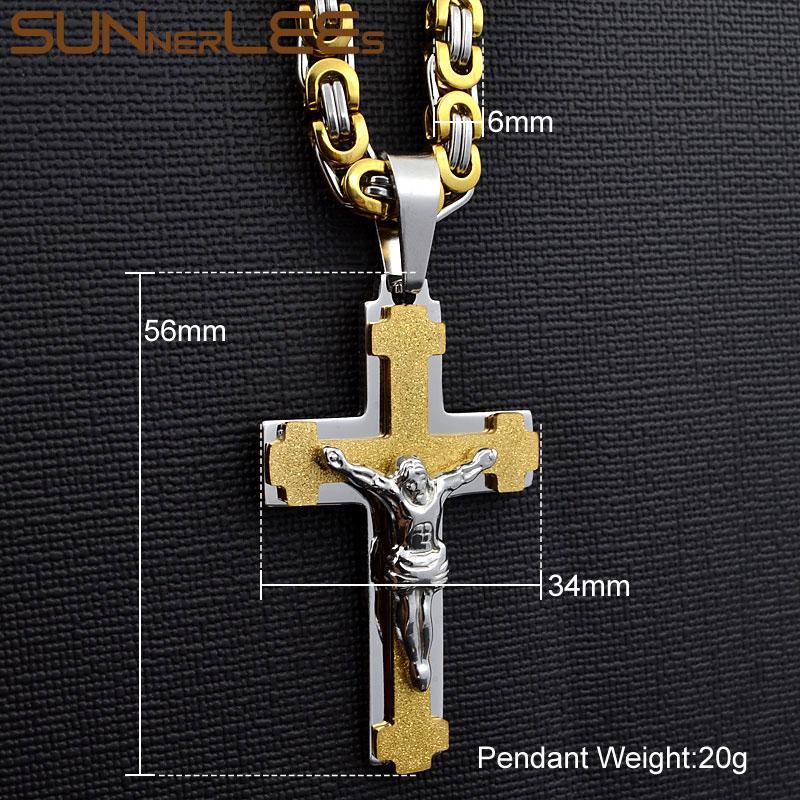 Collier pendentif croix Jésus Christ en acier inoxydable chaîne à maillons byzantin couleur argent plaqué or cadeau homme garçon Sp217