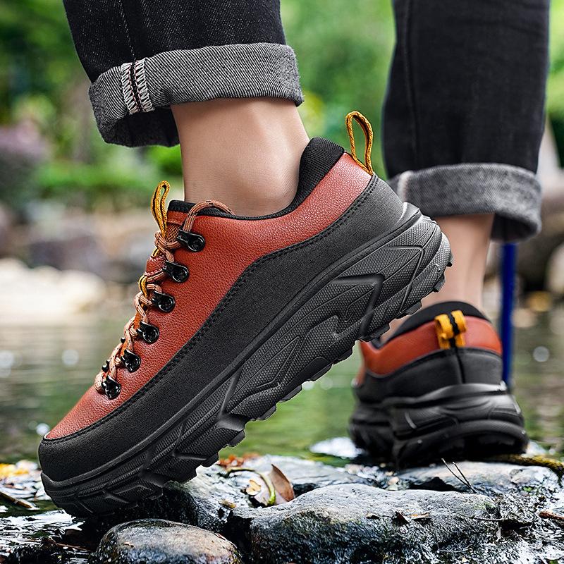 Men's Hiking Shoes PU Leather Casual Sports Shoes Fashion Lace-up Platform Shoes Waterproof Walking Shoes Big Size 39-48