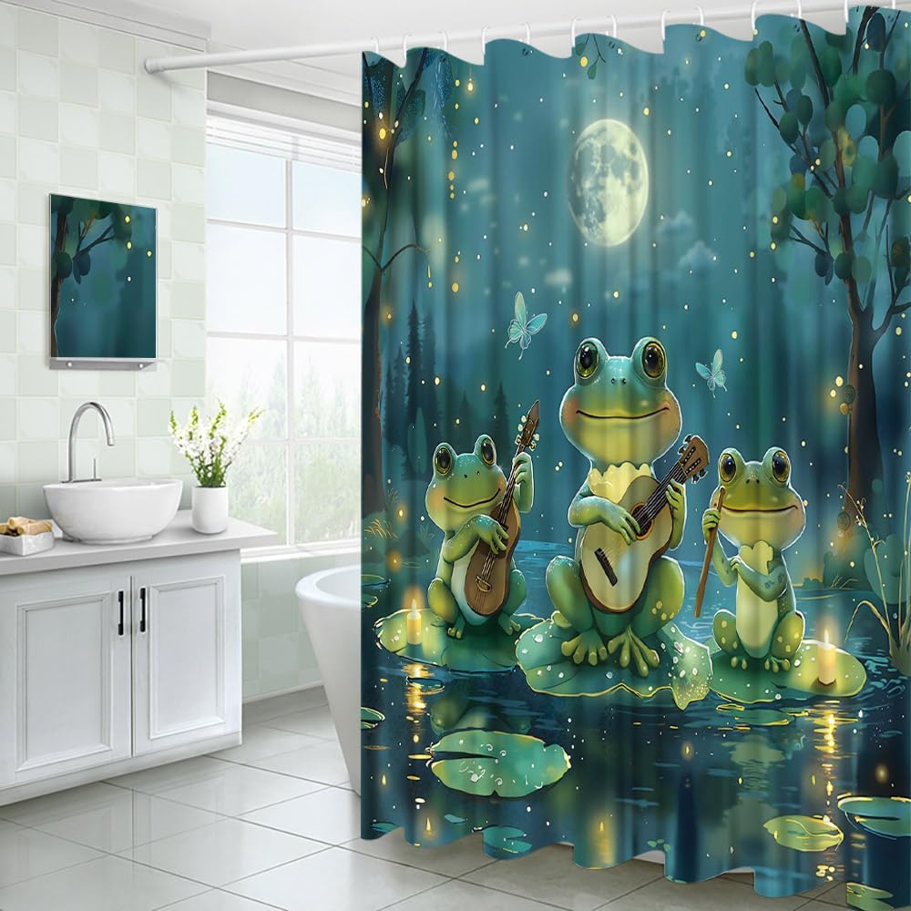 Funny Frogs Shower Curtain Cute Animals Cartoon Boys Girls Teens Fabric Bathroom Decor Curtains with Hooks, 70" Wx70 H