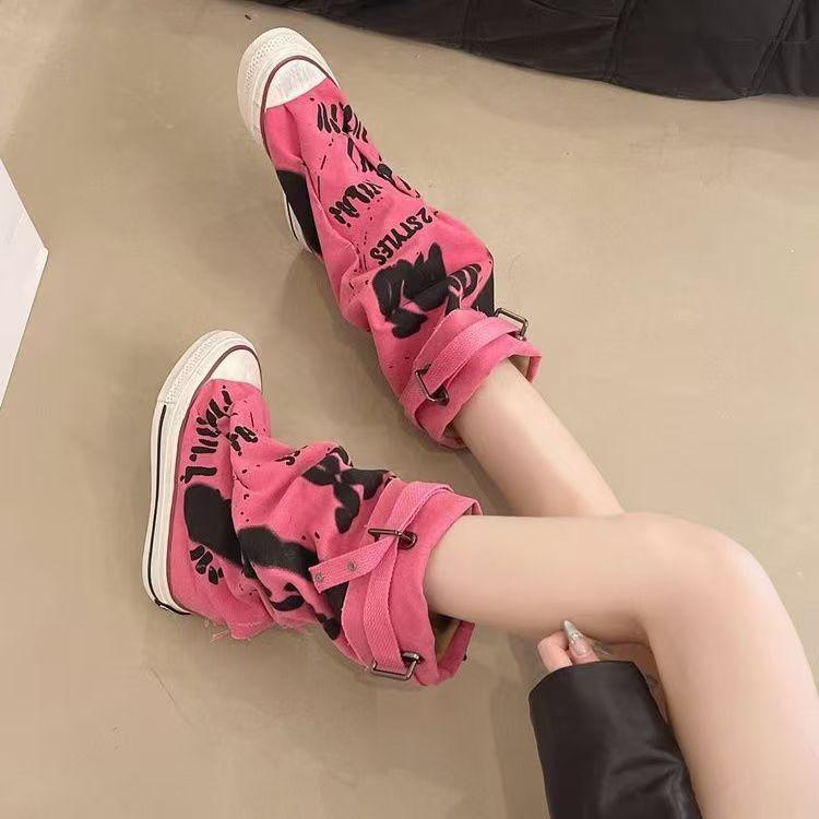 

Нишевый дизайн граффити пряжка ремня высокие кеды женские 2025 осень новая универсальная спортивная обувь брюки на платформе короткие ботинки 42 розовый