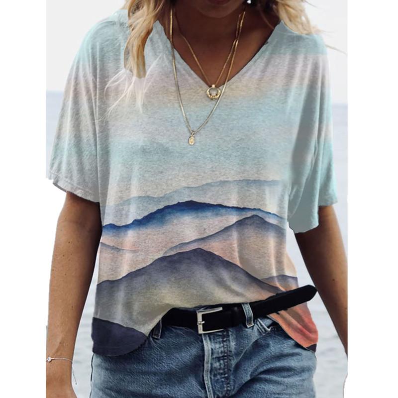 Loose V-neck Short Sleeved Summer Youth Women's 3D Printed T-shirt