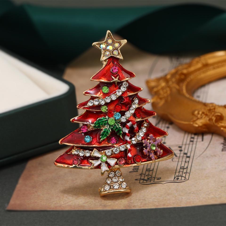 Retro Christmas Rhinestone Brooch - Glazed Santa Claus & Tree Pin Accessory