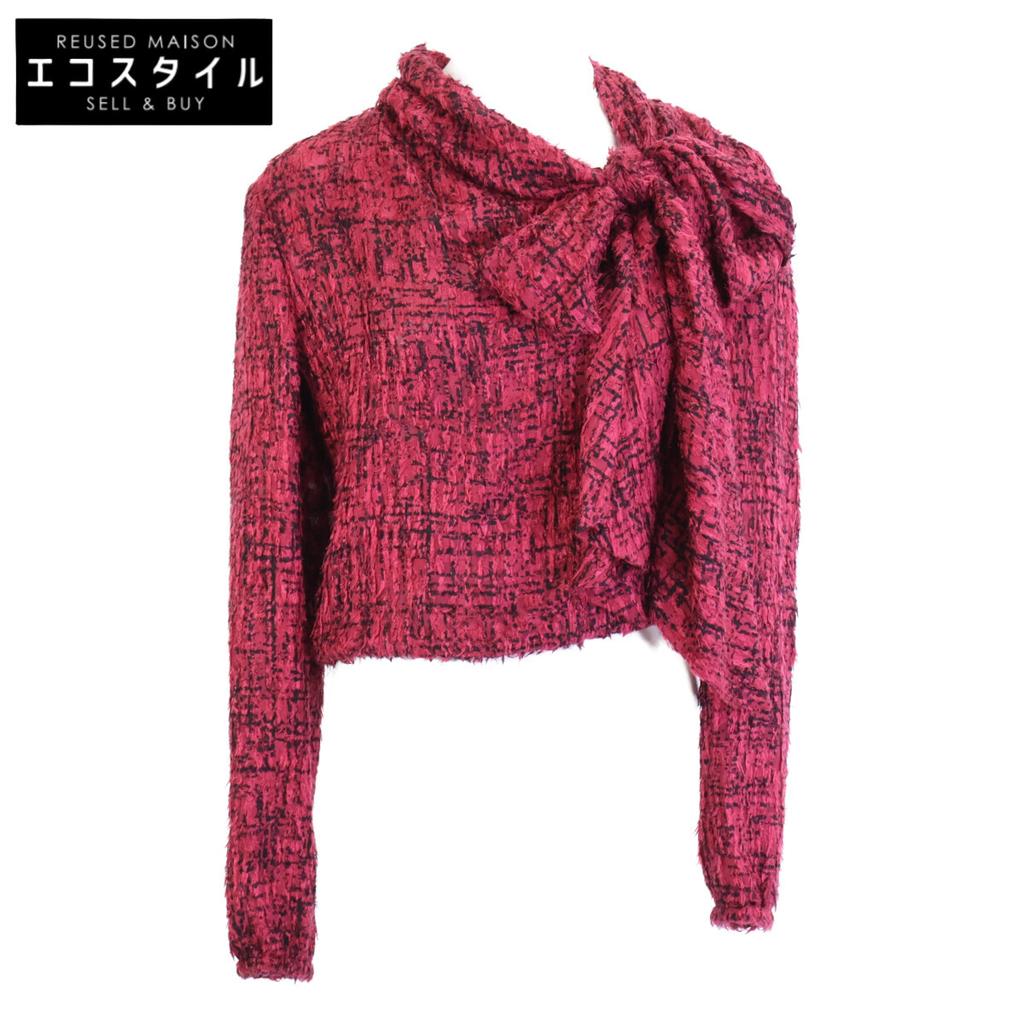 Chanel 22AW P73159V64621 Tweed Silk Bowtie Back Button Blouse Tops 36 Burgundy X blackUsed
