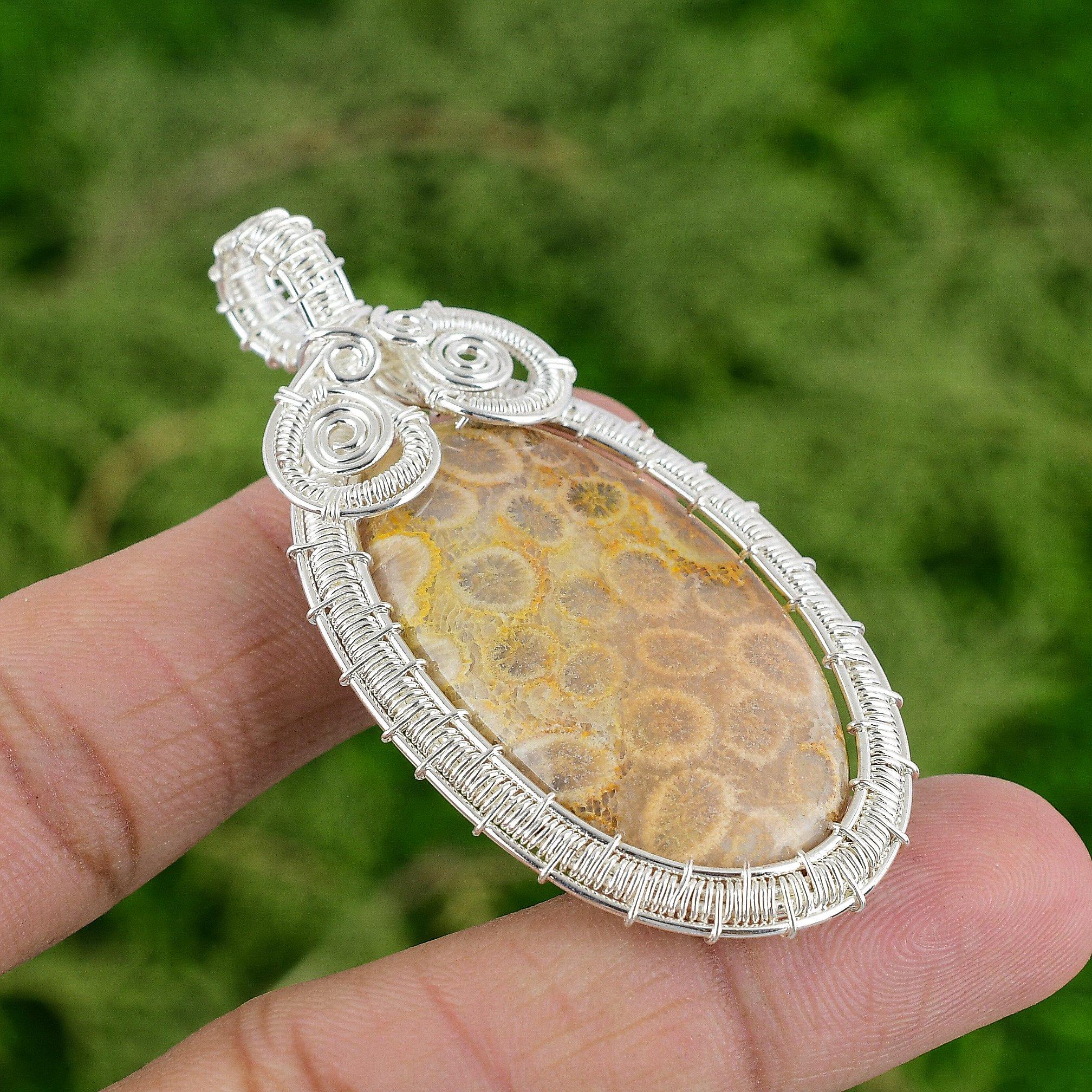 

Oval Natural Fossil Coral 925 Silver Engagement Bezel Wife Wire Wrapping Pendant