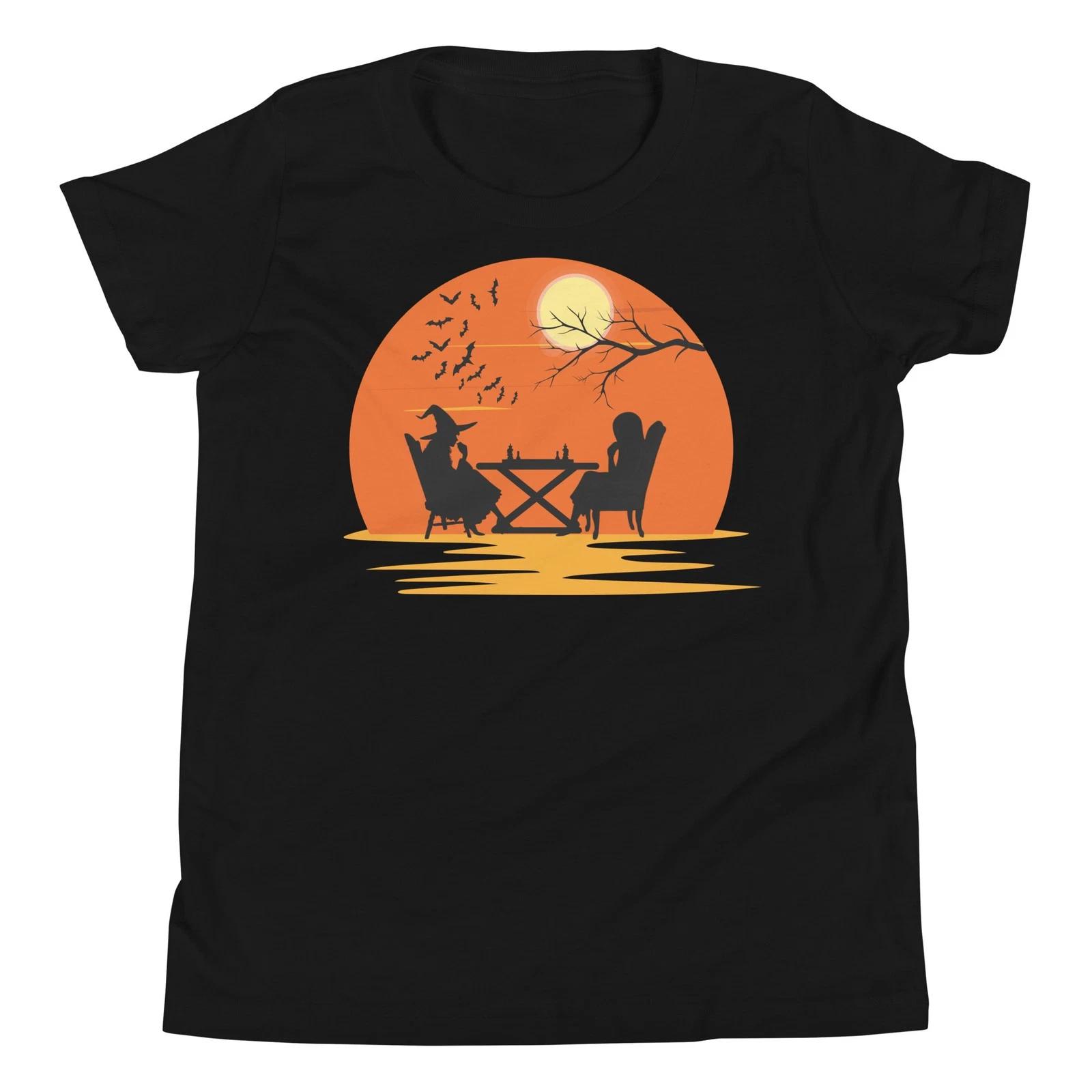 Chess Board Ghost Witch Playing Chess Halloween Spooky Sunset Youth T-Shirt 160