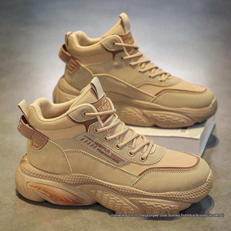 Putian Retro Men's High-Top Leather Hiking Boots - Thick-Soled, Mid-Top, Dad Style for Autumn