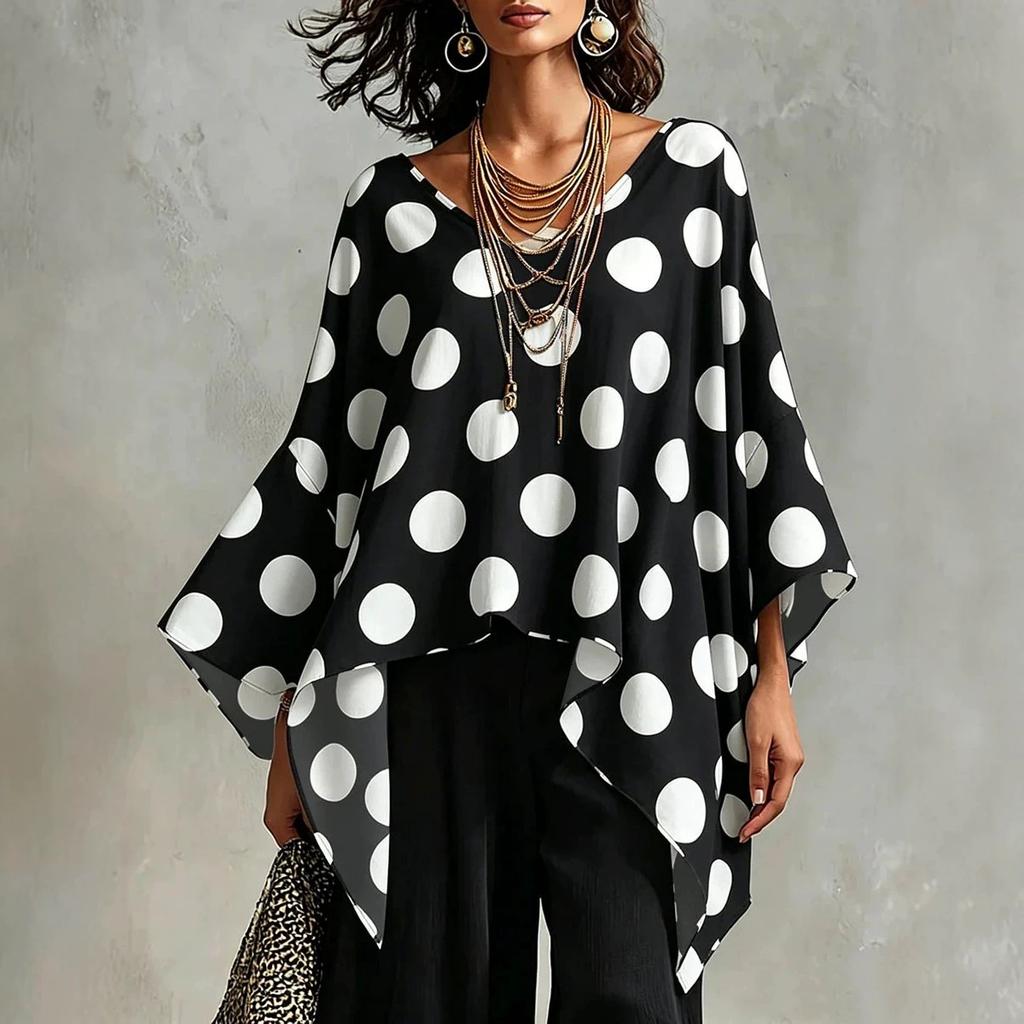 Women's V Neck Three Quarter Sleeve Blouse Loose Fit Boho Style Polka Dot Print Irregular Hem Casual Top For Summer Daily Wear