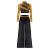 Kids Girls Dance Costume Two-Piece Set Mock Neck Long-Sleeved Sequins Cutout Back Press Button Crop Top with Flowing Chiffon Overlay Wide-Leg Side Sli