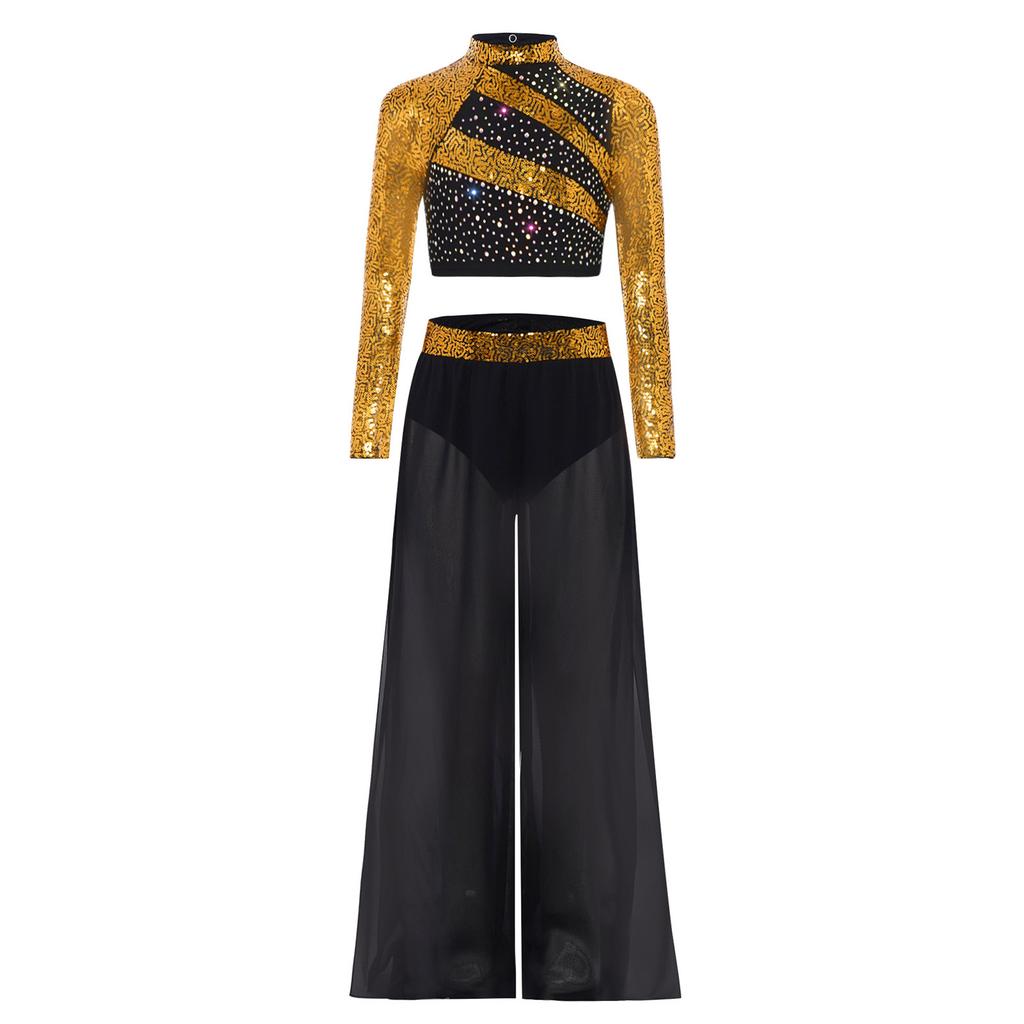 Kids Girls Dance Costume Two-Piece Set Mock Neck Long-Sleeved Sequins Cutout Back Press Button Crop Top with Flowing Chiffon Overlay Wide-Leg Side Sli