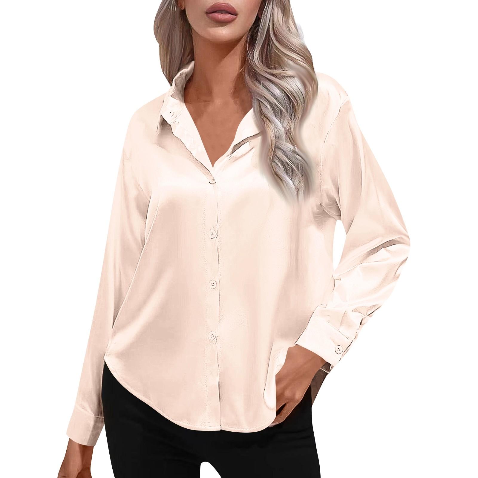 

Женская атласная рубашка из атласа с длинным рукавом из искусственного шелка, однотонная, элегантная рубашка с пуговицами спереди и лацканами L бежевый