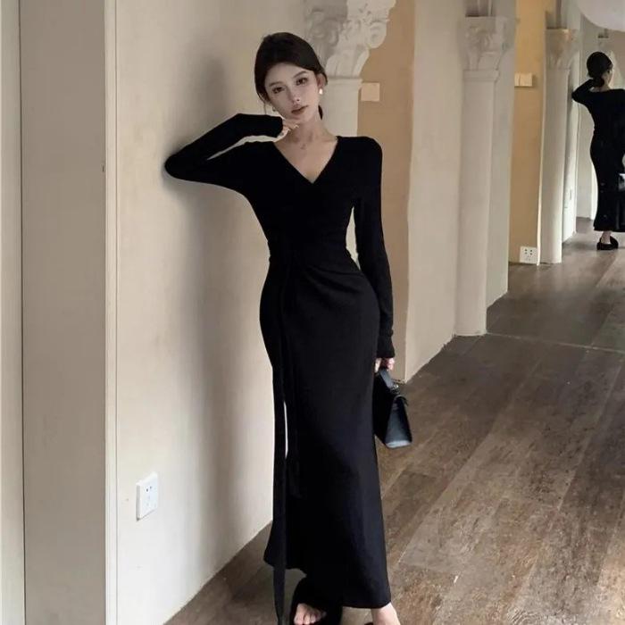 Women s Cross V-Neck Long Sleeve Knit Dress – Autumn/Winter Waist-Cinching, Tie-Up, Hip-Hugging Skirt L