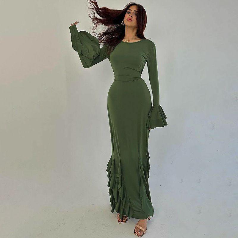 European and American Women clothes 2024 Autumn New Product Fashion Slim fit Lace-up Lace Long sleeve dress Foreign Trade Women