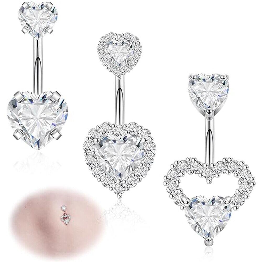 

3 шт 14G 316L нержавеющая сталь пупка кольца для женщин милые двойные сердечки пупка кольца розовые фианиты пупок пирсинг ювелирные изделия серебряный