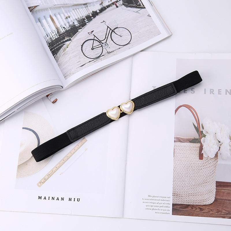 

Fashionable Korean Style Retro Elastic Waistband With Gemstone Buckle Detail Love Black