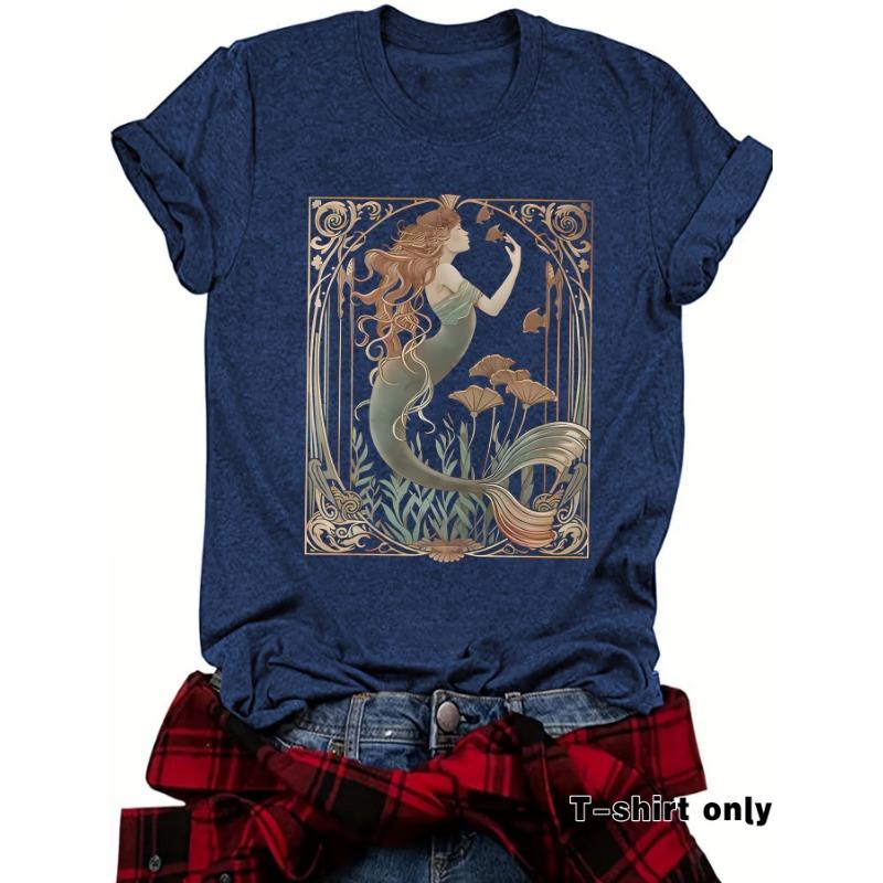 Women's Summer Casual T-shirt Mermaid Pattern Round Neck Short Sleeve Top