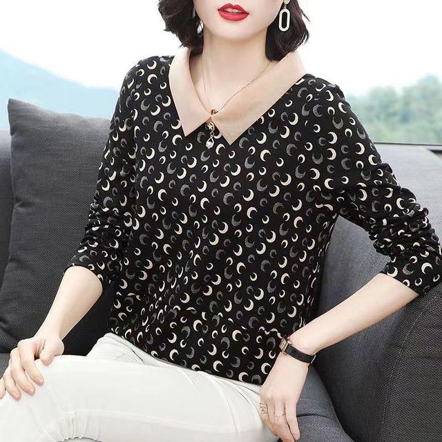 Frühling Herbst Polo Kragen Langarm T-shirt frauen Lose Mom Bodenbildung Shirt Neue Floral Top M-5XL