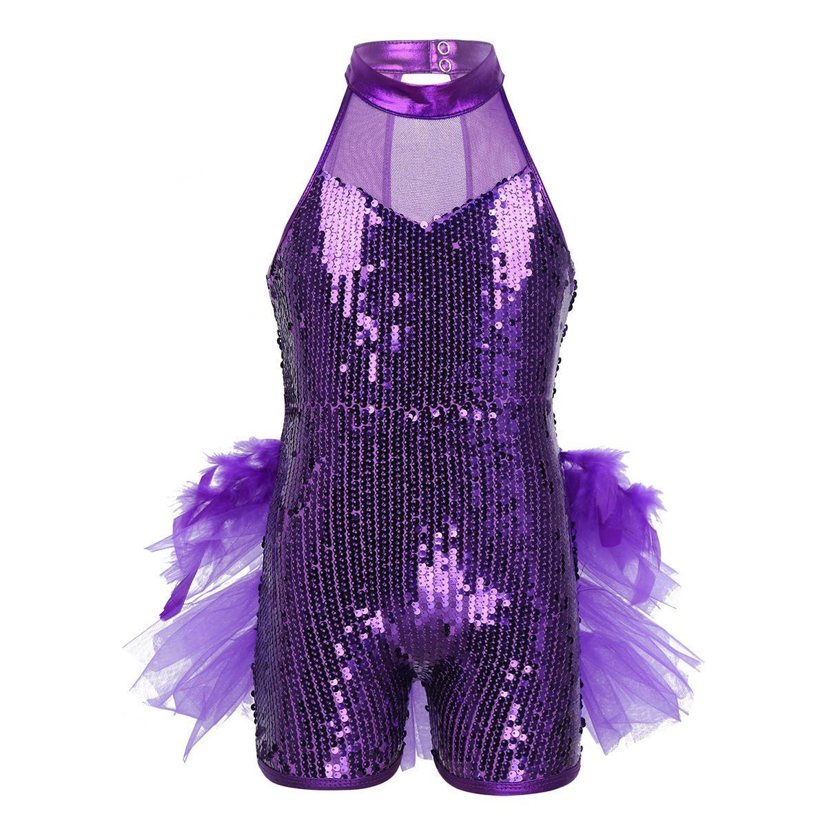 

Костюм для латинских танцев для девочек с блестками, купальник, детский комбинезон без рукавов, блестящий джазовый костюм, костюмы с перьями 4-5 Years фиолетовый