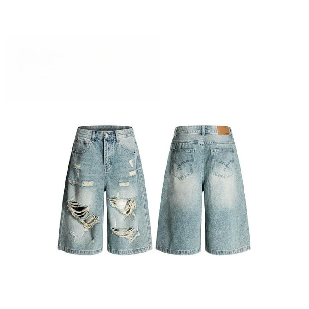 BeatStreet Vintage Ripped Denim Shorts Men Wash Distressed Knee Length Jean Shorts Loose Wide Leg Baggy Streetwear Casual Summer Jorts