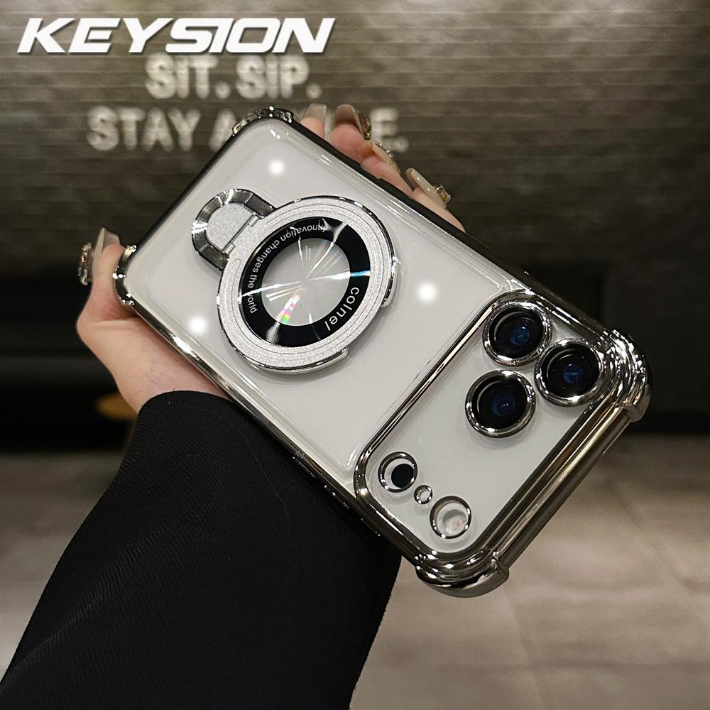 

KEYSION Магнитный чехол для MagSafe для iPhone 17 Pro Max 17 Air Гальваническое покрытие Прозрачный ТПУ Ударопрочный Чехол-подставка с кольцом Задняя крышка для телефона for iPhone 17 Pro Max серебряный