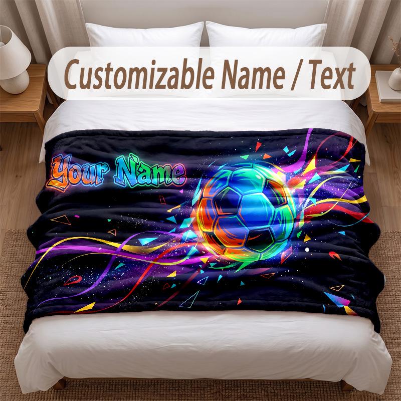 Soccer Theme Soft Blanket Personalized Custom Name Text Print Warm Blanket Home Sofa Bedroom Decor