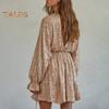 Lady Club Party Dress Deep V Neck Shimmering Sequin Loose Solid Color Long Sleeve Bow Lace-up Strap Slimming Look Mini Dress