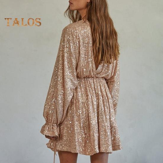 Lady Club Party Dress Deep V Neck Shimmering Sequin Loose Solid Color Long Sleeve Bow Lace-up Strap Slimming Look Mini Dress