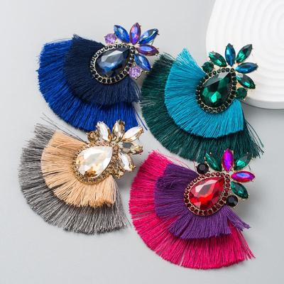 Women Bohemian Geometric Fan-shaped Drop Earrings Colorfull Double Tassels Crystal Alloy Eardrops Sweat Color