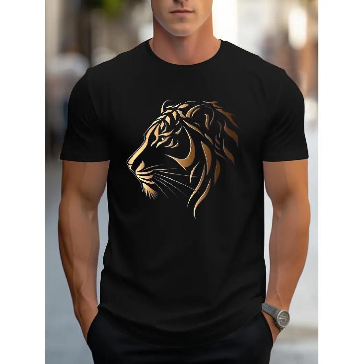 Men'S Lion Graphic T-Shirt with Golden Lion Head Print - 100% Oversized Loose Fit Crew Neck, Breathable All-Season Casual Statement Streetwear Tee,
