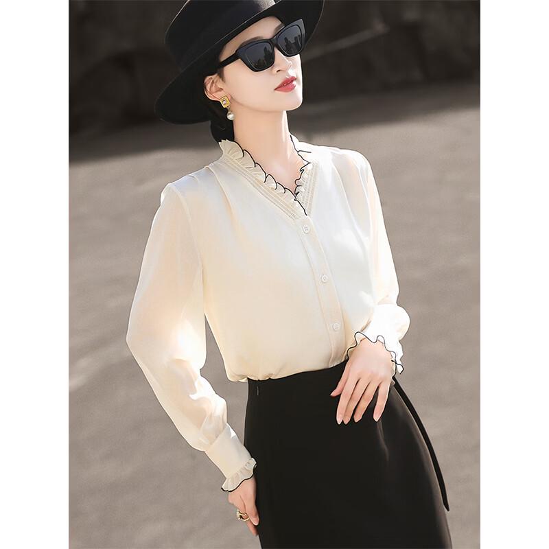 Elegant French Ruffle V-Neck Long Sleeve Blouse XL