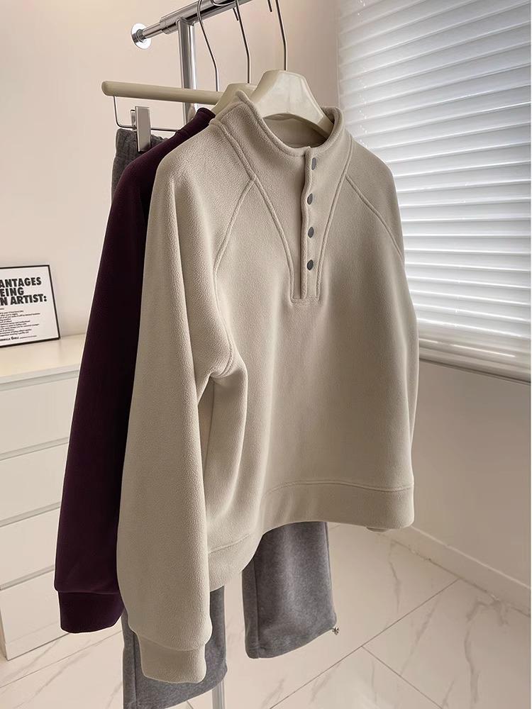 

Женский флисовый свитшот с двусторонним утолщением и воротником-стойкой - Повседневный, теплый пуловер свободного кроя XXL