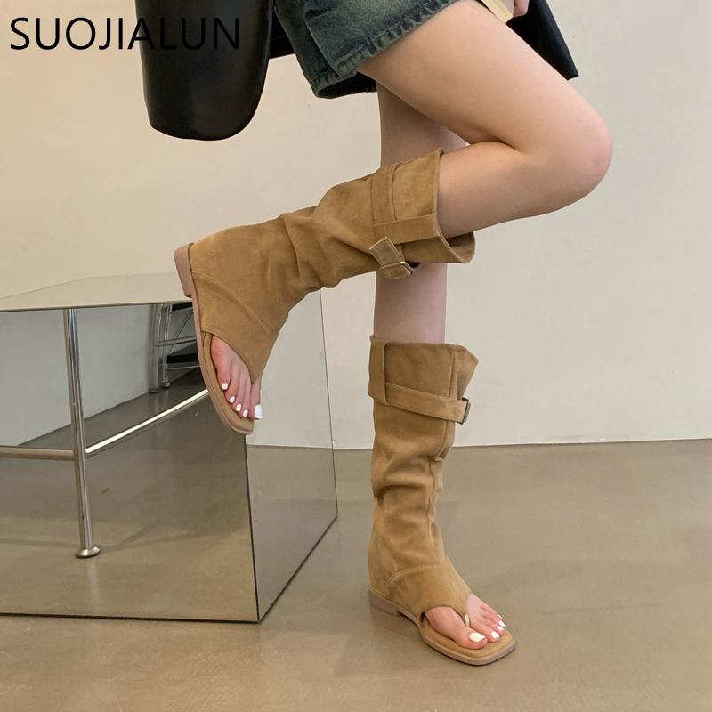 Fashion SUOJIALUN 2025 Autumn Women Loog Boot Fashion Open Toe Ladies Elegant Sandal Brand Wedge Heel Ladies Outdoor Knee High Boots