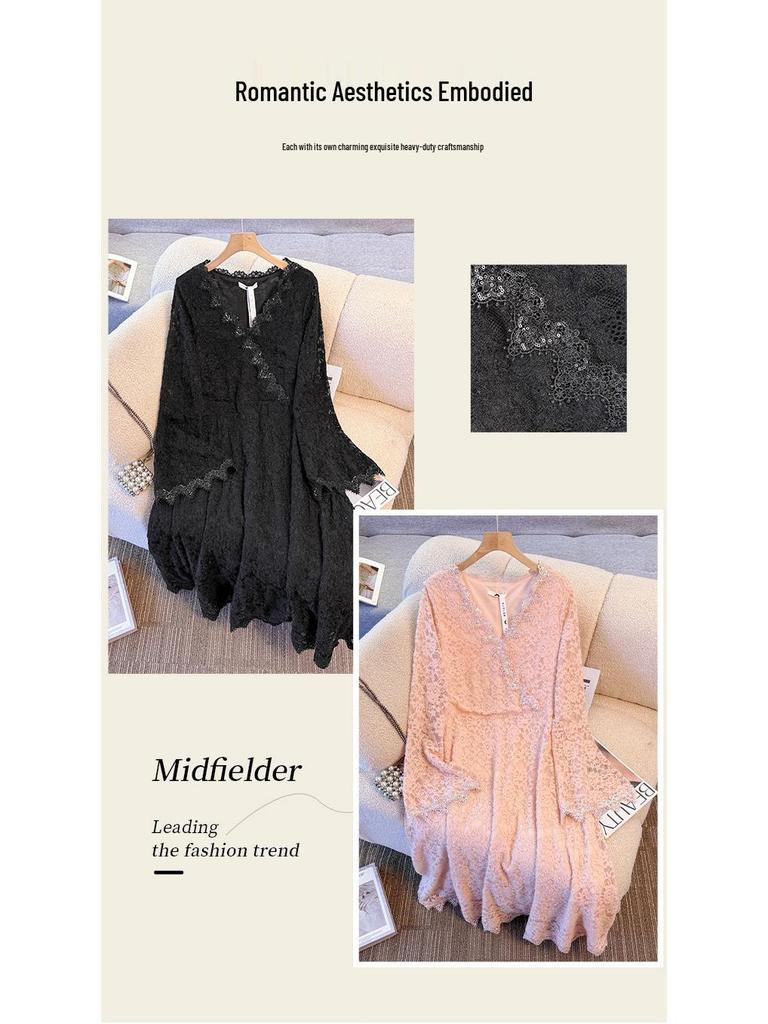 Plus Size Women's French Lace Dress, Long Sleeve, Waist-Cinched, Elegant and Slimming, Fits 130-300 Jin