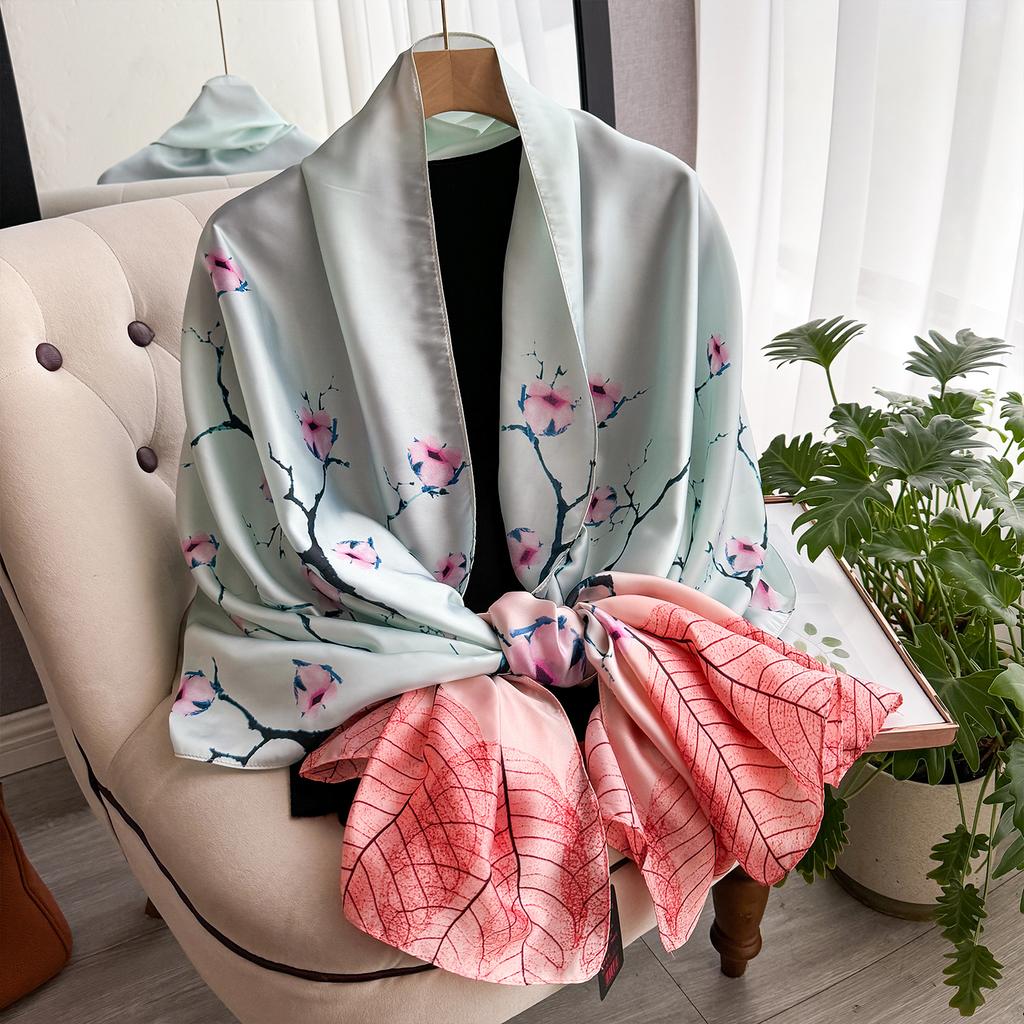 Spring 180*90Cm Fashion Dustproof Big Bandanna Popular Satin Finish Silk Shawls Scarves Luxury Print Sunscreen Beach Towel